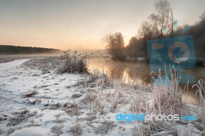 Winter Misty Dawn On The River. Rural Foggy And Frosty Scene Stock Photo