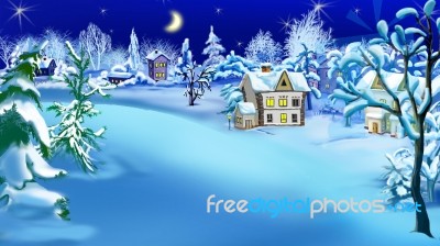 Winter Night In The Snowy Suburbs At Christmas Eve Stock Image