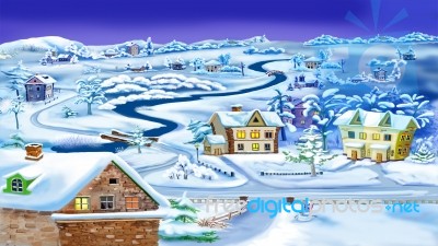 Winter Night In Village By The River Stock Image