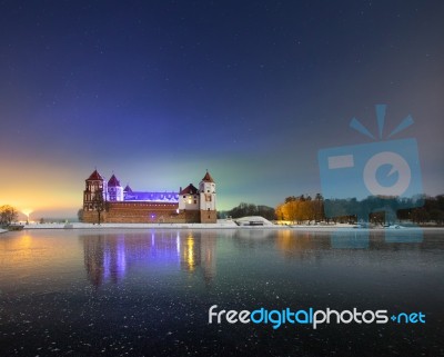 Winter Night Near The Ancient Castle Stock Photo