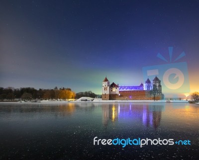 Winter Night Near The Ancient Castle Stock Photo