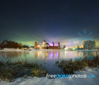 Winter Night Near The Castle Stock Photo