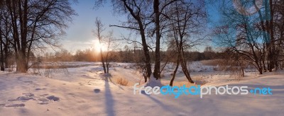 Winter River. Sunrise In Winter Morning. Snow Landscape Stock Photo