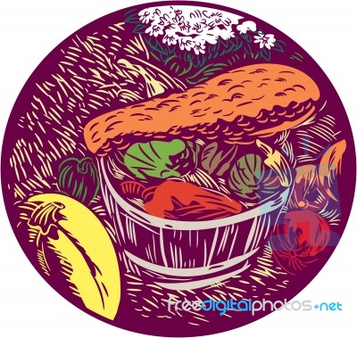 Winter Squash Pumpkin Oval Woodcut Stock Image