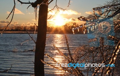 Winter Sunrise On The Grand River Stock Photo