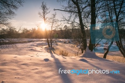 Winter Sunrise. Winter River. Cold Winter Morning Stock Photo