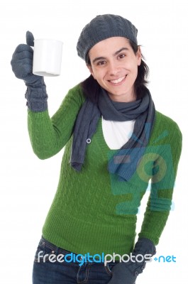 Winter Woman Holding Mug Stock Photo