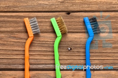 Wire Brush Equipment Background Wood Teak Still Life Stock Photo