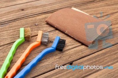 Wire Brush Sandpaper Equipment Background Wood Teak Still Life Stock Photo