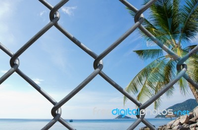 Wire Mesh On Seaview Background Stock Photo