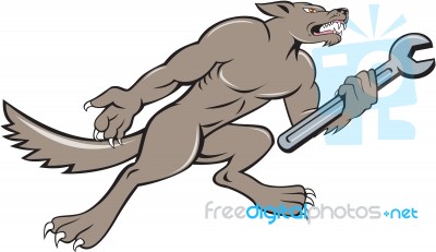 Wolf Mechanic Spanner Isolated Cartoon Stock Image