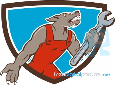 Wolf Mechanic Spanner Shield Cartoon Stock Image