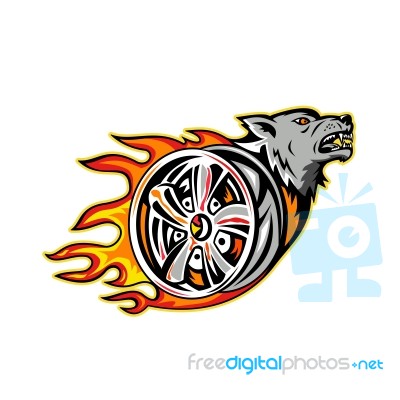 Wolf On Flaming Wheel Rim Stock Image