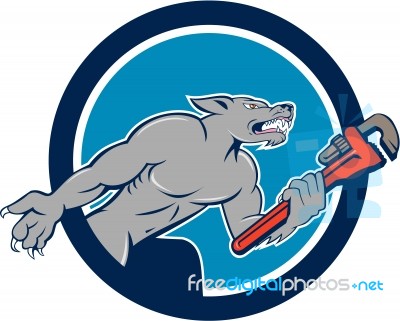 Wolf Plumber Monkey Wrench Circle Cartoon Stock Image