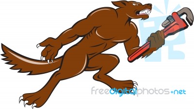 Wolf Plumber Monkey Wrench Isolated Cartoon Stock Image