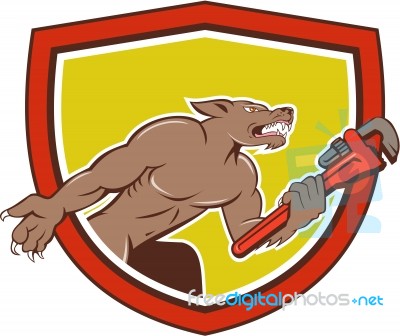 Wolf Plumber Monkey Wrench Shield Cartoon Stock Image