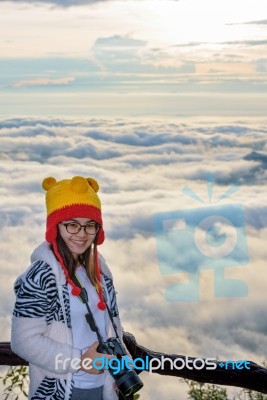 Woman And Fog Is Like The Sea Stock Photo