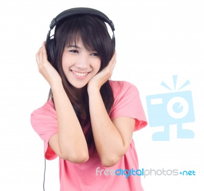 Woman  And Headphone Stock Photo