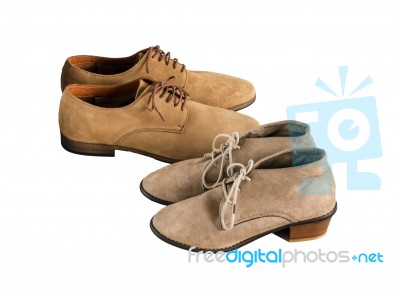 Woman And Man Suede Shoes Isolated On White Stock Photo