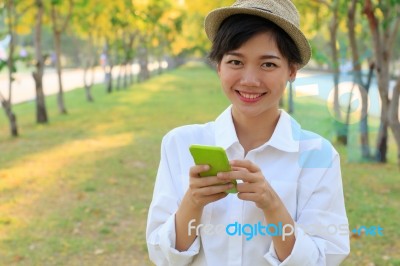 Woman And Mobile Phone In Hand Use For Modern People Lifestyle Stock Photo