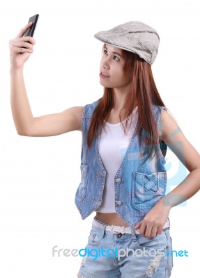 Woman And Phone Stock Photo