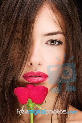 Woman And Red Rose Stock Photo