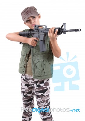 Woman And Rifle Stock Photo