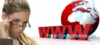 Woman  And Three Dimensional World Wide Web With Globe Stock Photo