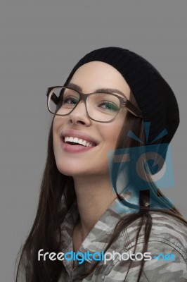 Woman And Wooden Glasses Stock Photo