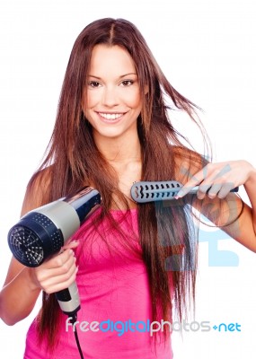 Woman Blow Dryer And Comb Stock Photo