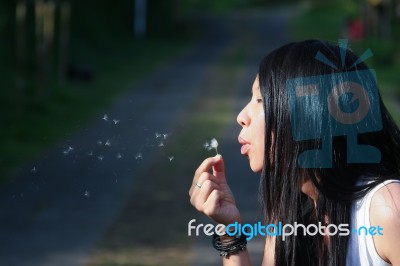 Woman Blowing A Dandelion Stock Photo