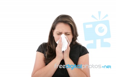 Woman Blowing Her Nose Stock Photo