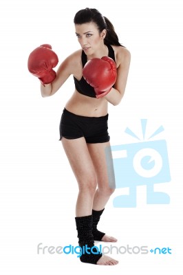 Woman Boxer Ready To Punch The Opponent In Boxing Stock Photo