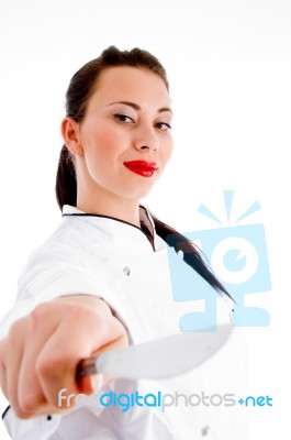 Woman Chef Holding knife Stock Photo