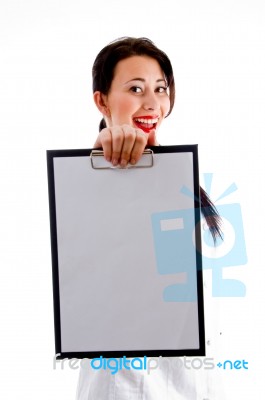 Woman Chef Showing Her Blank Clipboard Stock Photo