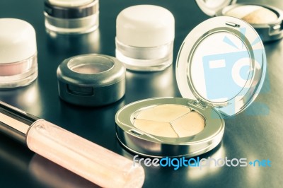 Woman Cosmetic Foundation And Eyeshadow Vintage Style Stock Photo