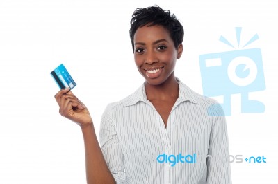 Woman Displaying Her Debit Card Stock Photo