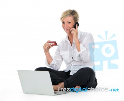 Woman Doing Shopping On Line With Credit Card Stock Photo