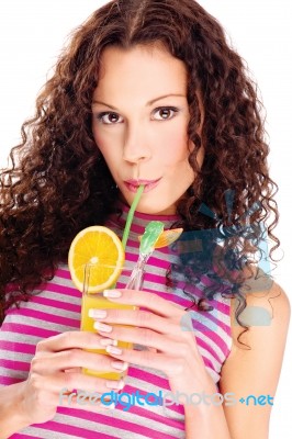 Woman Drink Orange Juice, Isolated Stock Photo