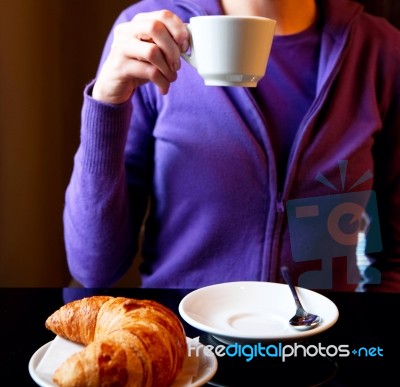 Woman Drinking Cappuccino At Breakfast Close-up Stock Photo