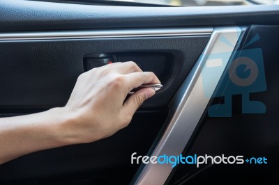 Woman Driver Pressing Button Locking And Unlocking Doors In Car Stock Photo