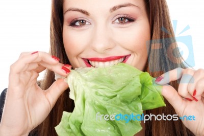 Woman Eating Green Salad Stock Photo