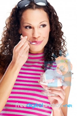 Woman Eating Ice Cream Stock Photo