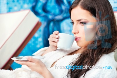 Woman Enjoy Coffee In Spa Center Stock Photo