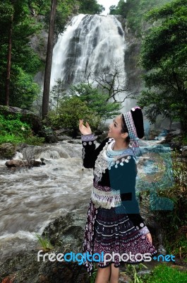 Woman Enjoy With Waterfall Stock Photo