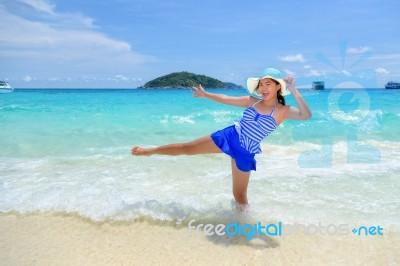 Woman Fun On Beach In Thailand Stock Photo