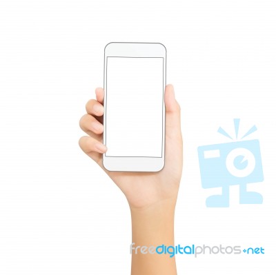 Woman Hand Hold White Phone Isolated On White Cutout With Clippi… Stock Photo