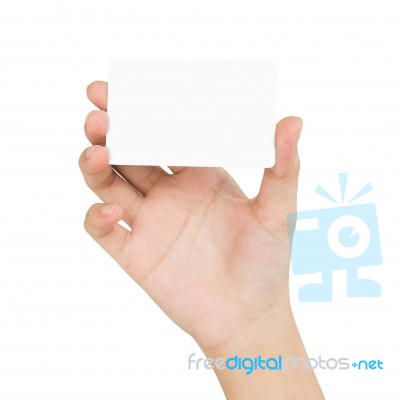 Woman Hand Holding Blank Card Showing Front View Isolated On Whi… Stock Photo