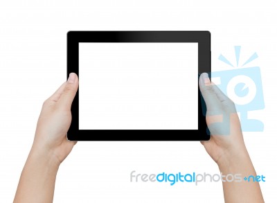 Woman Hand Holding Digital Tablet Isolated Clipping Patch Inside Image Data Stock Photo