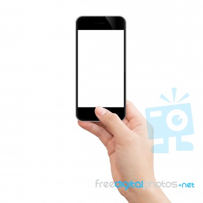 Woman Hand Holding Mockup Black Phone Isolated Clipping Path Inside Image Data Stock Photo